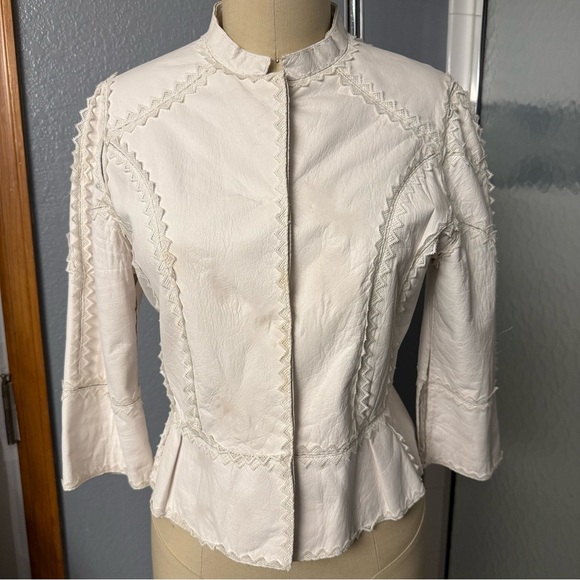 J. Mendel Jackets & Blazers - Vintage J. Mendel Cream White Tailored Leather Lace Crop Mandarin Collar Jacket